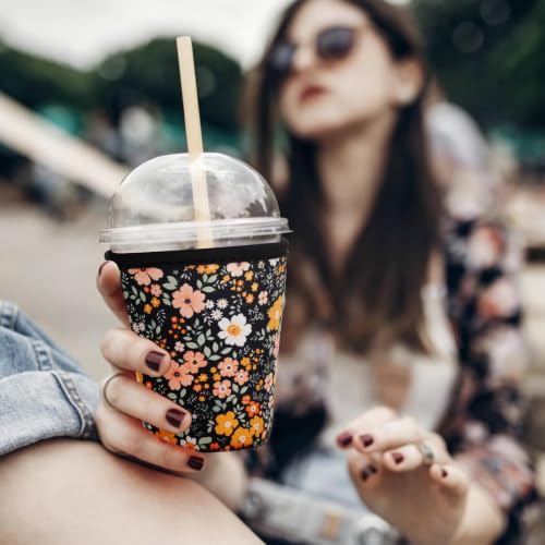 Image of Reusable Insulated Sleeve for Iced Coffee Cup, Coffee Neoprene Sleeve for Cold & Hot Drinks, Beverage Holder for Iced Coffee (Midnight Daisies, Medium: 22-24oz)