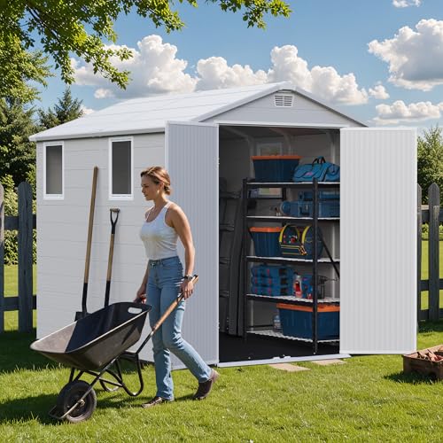 Image of Greesum 6x8FT Plastic Outdoor Storage Shed with Floor, Resin Sheds with Lockable Double Door, Tool Sheds with Window and Vents, for Garden, Patio, Backyard, Light Gray