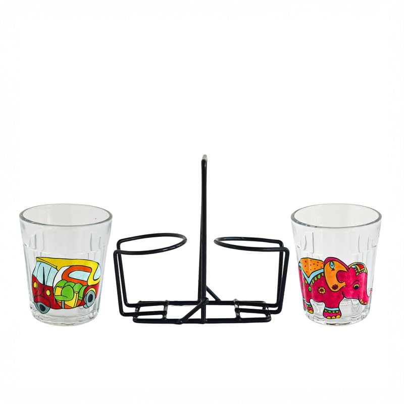 TOPSYTURVY Hand Crafted & Hand Designed Tapri Tea and Coffee Style Glass with Iron Stand (Set of 2, 90ml Each) | Red Auto Rickshaw & Pink Elephant Designs | Kulhad Cups | Cutting Chai Glasses Set