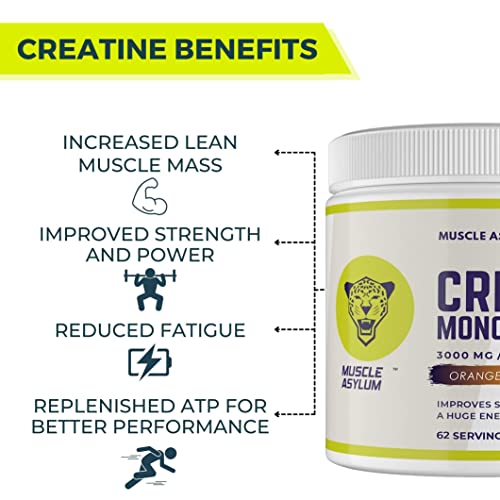 Image of Muscle Asylum Creatine Monohydrate Orange Flavour | 3000mg Creatine Per Serving | Pre Workout Supplement for Strength, Energy, Endurance & Muscle Recovery | Micronized Creatine Powder | 62 Servings | 250g