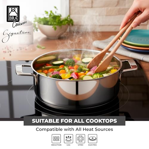 Image of BRA COOKWARE Signature 3-Piece 9.5 inch Steaming Set | Professional Pots & Steamer Set | Stainless Steel Cookware Set w / 1 Pot, 1 Steamer, 1 Lid | All Stovetop Compatible | PFOA Free