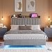 IDEALHOUSE Full Floating Bed Frame with LED Lights & Charging Station, Upholstered Platform Bed with Storage Headboard, Wood Slats Support, No Box Spring Needed, Easy to Assemble, Grey