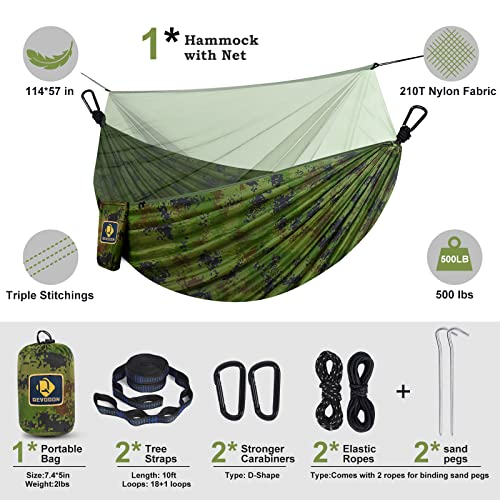 Image of Camping Hammock with Net,Travel Portable Lightweight Hammocks with Tree Straps and Solid D-Shape Carabiners,Parachute Nylon Hammock for Outsides Backpacking Beach Backyard Patio Hiking