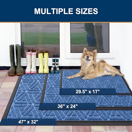 Smiry Front Door Mat Outside Entrance, Heavy Duty Natural Rubber Doormat, Trap Dirt and Moisture Easy Clean Low Profile Patio Porch Welcome Floor Mats for Entry, 29.5x17 Inch, Blue