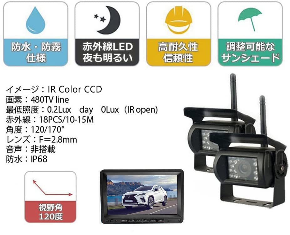 Amazon.co.jp: 9インチ無線モニターワイヤレスバックカメラ2台セット 