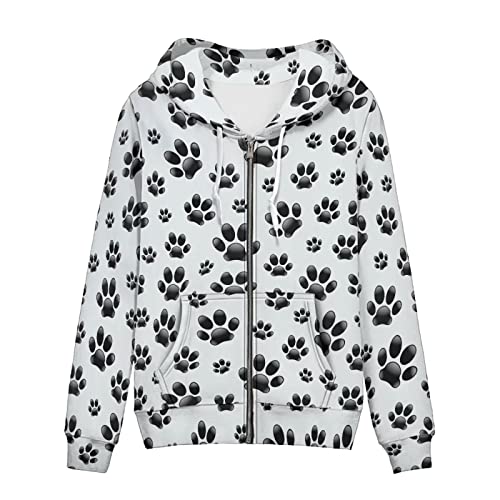 Belidome Kapuzenpullover mit Reißverschluss für Damen, Sweatshirt, Jacke, athletisches Fitnessstudio, T-Shirt, Schwarze Pfotenabdrücke, 48