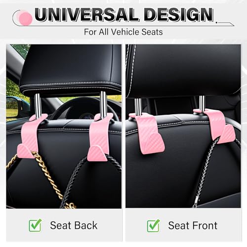 Image of SINGARO Universal 2 Pack Car Seat Headrest Purse Hook, Carbon Fiber Back Seat Hook Storage Organizer Hanger for Purse Handbag Coat, Car Interior Accessories(Pink)