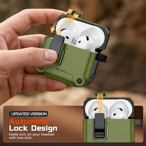 Image of Inesore for AirPods 4 Case with Secure Lock (Dark Green) | Phone Stand Design,Compatible with MagSafe,Automatic Snap Switch Secure Cover with Cleaner Kit & Keychain