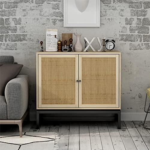 Elegant Brown Buffet Sideboard With Natural Rattan Doors Chic Accent Storage Cabinet Console Tables For Living Room Entryway Rustic Wood Kitchen Sideboard With Black Metal Handles & Adjustable Shelf #TOP2