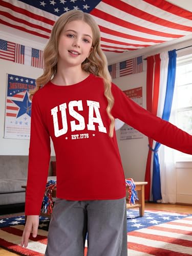 Image of Ithalt 4th of July Outfit Kids Girls American T Shirt USA T-Shirt Fourth of July Tops Patriotic Long Sleeve Tops