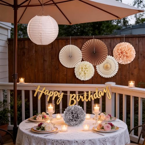 Image of EASY JOY Champagne Beige Paper Flowers Tissue Pom Poms Boho Birthday Decorations Paper Lanterns Party Decorations Happy Birthday Banner White Paper Fans for Boho Fall Rustic Neutral Baby Shower