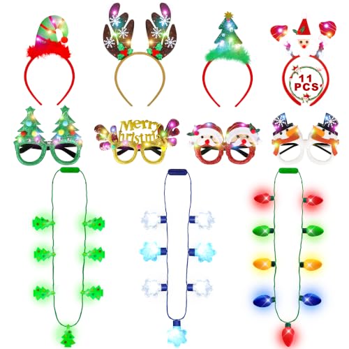 11PCS Light Up Christmas Party Favors, Christmas Headband Necklace Glasses
