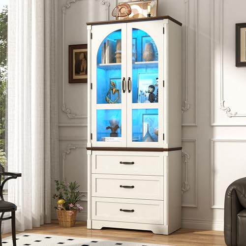 Image of 75 inch Tall Farmhouse Kitchen Pantry Cabinet with LED Lights,Wood Storage Cabinet w Arched Glass Doors /Drawers,Pantry Organizers and Storage,Rustic Wood Cupboard for Kitchen,Dining Room(White)