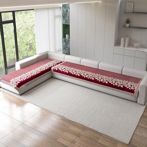 Image of Nendle Superior Velvet Floral Sofa Mat 7 Seater Set Cover Durable Protector for Living Room Sofa Set 4+3, Suitable for L Shape, Sectional and U Shape Sofa (Maroon, Pack of 2)