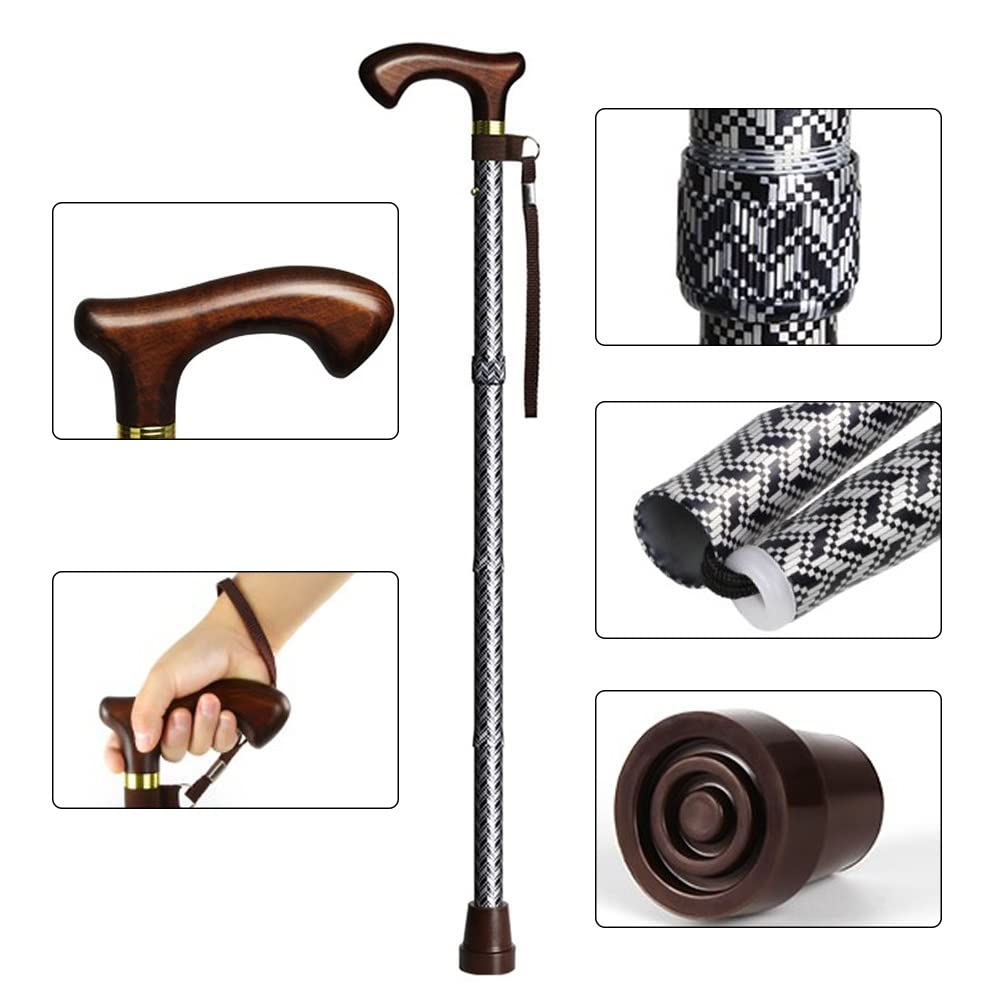 Bastones Plegables para Mayores, Bastón con Mango de Madera e Impresos, Altura Ajustable, 1 Unidad