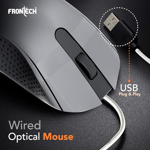 Image of FRONTECH Wired USB Mouse | 3 Handy Buttons | Scroll Wheel 1200 DPI | MS-0103 Wired Optical Mouse (USB 2.0, Grey)