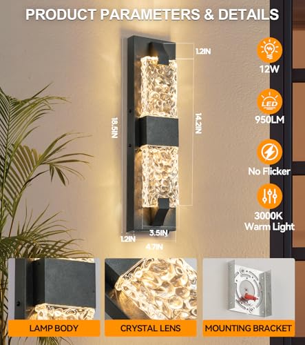 Image of Outdoor Wall Light, 12W 18.5 inch Dusk to Dawn Porch Lights 1 Pack Black | IP65 Waterproof, Crystal Ripple Design, Oversize Modern Exterior Sconce, Hardwired,Auto On /Off,for House Garage Entryway