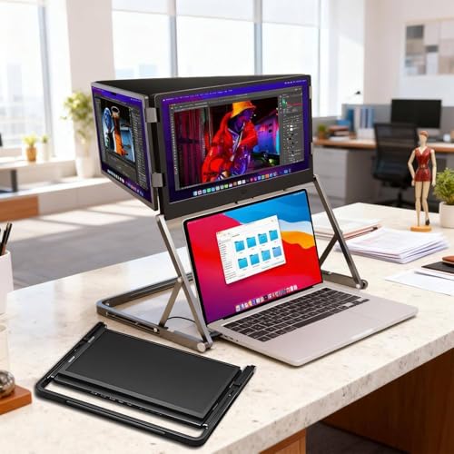 Image of Portable Laptop Monitor Extender, 15.6 inch FHD 1080P Portable Laptop Screen Extender Monitor, Triple Display with USB-C & HDMI, 360 Rotatable, Adjustable Viewing Angles, Foldable Travel Display
