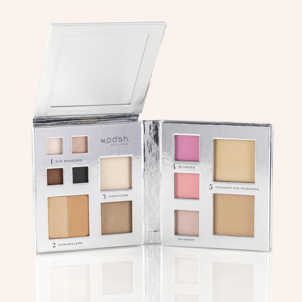 Fold Out Face Refillable Makeup Palette | Full Face Kit Curated for Each Skin Tone, All-In-One, Travel Friendly, Cream & Powder, Woosh Beauty