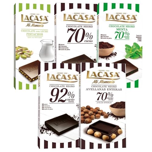 Pack Lacasa 5 deliciosas tabletas de chocolate de distintos sabores y tamaños: ,leche pistacho 90g ,negro , menta ,cacao 92% , avellana 200g
