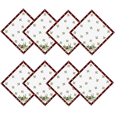 Lintex Aspen Red Black Plaid and Garland Bordered Christmas Napkins, Cottage Check Bordered Xmas and Holiday Print Easy Care Napkins, Set of 8 Fabric Border Napkins Cover