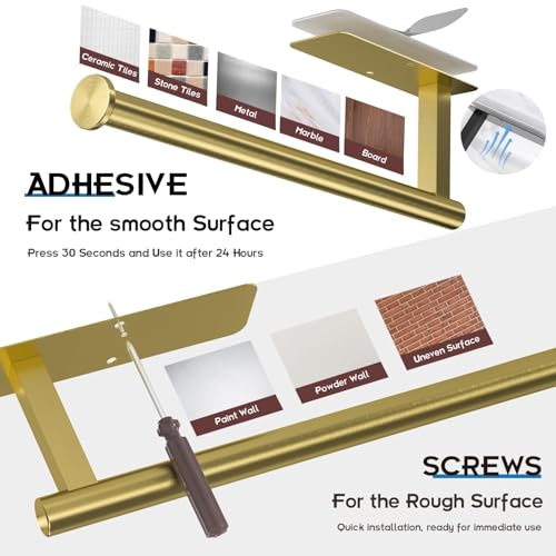 Image of ASTOFLI Paper Towel Holder Under Cabinet No Drilling, Self Adhesive Paper Towel Holder Wall Mount for Kitchen Rack, Under Counter Napin Holder No Drill, RV, 304 Stainless Steel, Gold Brass 2 Pack
