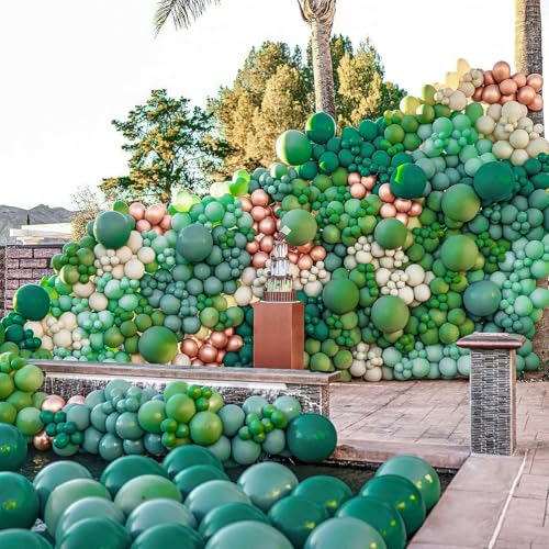 Image of PartyWoo Retro Green Balloon Garland, 100 pcs Shades of Green Balloons Different Sizes Pack of 18 Inch 12 Inch 10 Inch 5 Inch Balloons for Balloon Garland as Party Decorations, Birthday Decorations