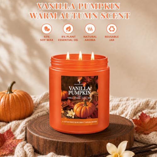 Image of Large Fall Candle Vanilla Pumpkin Scented, 3-Wick 22oz Long Lasting