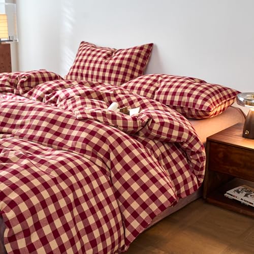 Image of EAVD Vintage Style Red Gingham Duvet Cover Full Soft 100% Washed Cotton 3-Piece Reversible Plaid Checkered Bedding Set with 2 Pillowcases Farmhouse Buffalo Plaid Duvet Cover with Zipper Closure