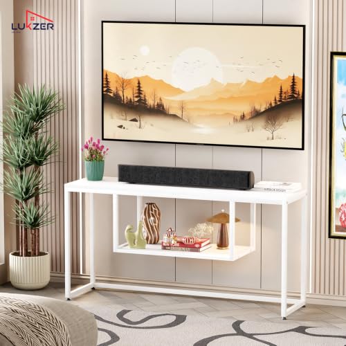 Image of Lukzer TV Unit Stand for TVs up to 43 Inch Engineered Wood with Metal (MTU-002 /White & White) Open Shelf Storage Console for Living Room, Set Top Box, WiFi Router, Speakers & Decor (110 x 56 x 30 cm)
