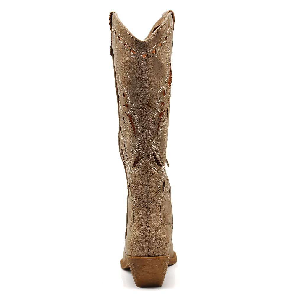 IF Botas altas Texanas para mujer Western de piel sintética vegana, diseño perforado, tacón medio y punta cónica
