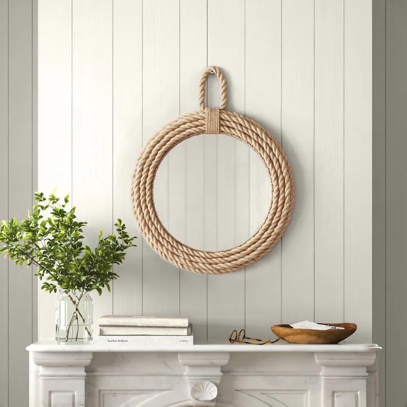 Image of 30 inch Round Wall Mount Mirror with Hook, Brown, Vintage Rope, Easy to Hang, Perfect for Bathroom, Bedroom, Living Room, Hallway