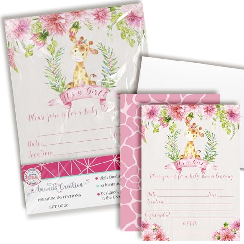 Watercolor Dahlia Floral Giraffe-Themed Baby Girl Sprinkle Shower Invitations, 20 5x7 Fill In Cards with Twenty White Envelopes by AmandaCreation