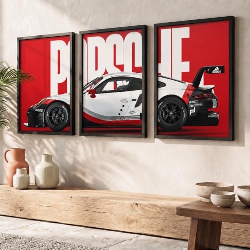 Image of HOMESY Sports Car Framed Posters Gift Items for Boys Room | Wall Decoration for Bedroom Living Room Office Gaming Room Decor | Sports Car Poster with Frame for Wall Decor Set Of 3 Size (13x17 inch, BLACK)