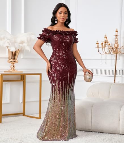 Image of dasmzper Women Sexy Sequin Off Shoulder Ruffle Short Sleeve Bodycon Mermaid Party Formal Evening Maxi Dress