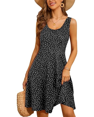 STYLEWORD Women's Summer Dress Casual Flowy Sleeveless Polka Dots Skater Sundress Tank Short Midi Dresses(Black Polka Dot,Medium)