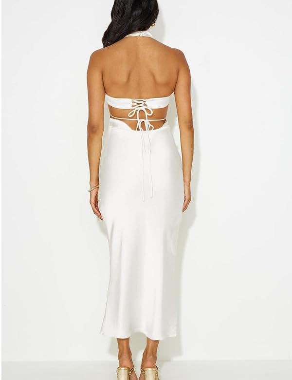 Phicia Sexy Satin Halter Neck Backless Maxi Dress for Women Elegant Tie Cowl Back Formal Wedding Guest Dress for Summer White by Phicia - Used condition - Image 3