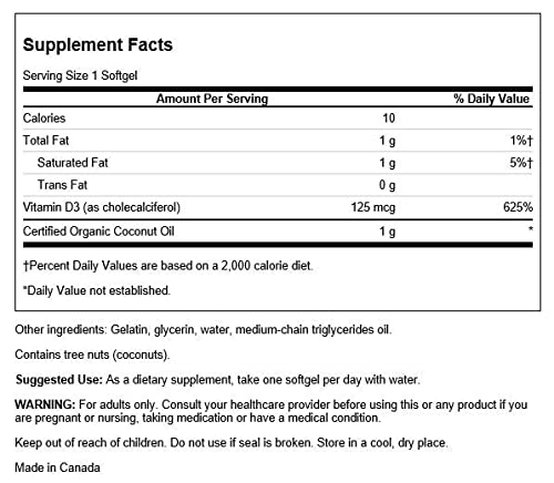 Swanson High Potency Vitamin D-3 W/Coconut - Natural Supplement Promoting Bone Health & Immune System Support - May Help Increase Calcium Absorption - (60 Softgels, 125Mcg Each) #TOP1