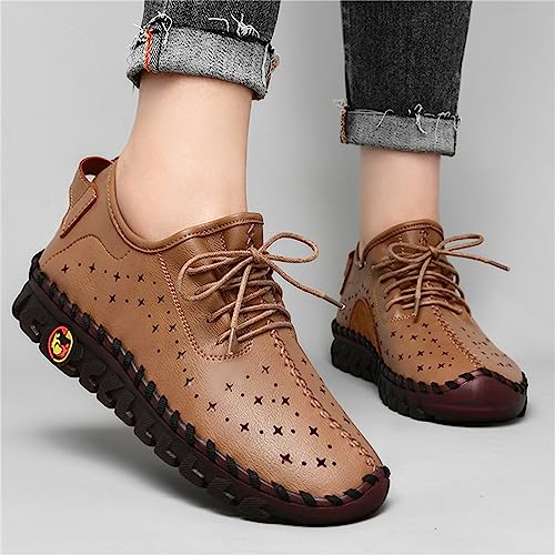 Image of Women'S Hollow Leather Lace Up Flat Loafers,Lightweight Breathable Casual Comfort Non-Slip Walking Shoes Handmade Beef Tendon Soft Sole Mom Nurse Shoes