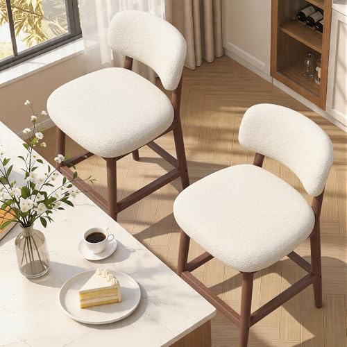Image of Counter Height Solid Wood Bar Stools Set of 2, Fluffy Boucle Bar Chairs with Thick Cushion, Mid-Century Modern Upholstered Stools with Backrest for Kitchen Island, Home Bar, White
