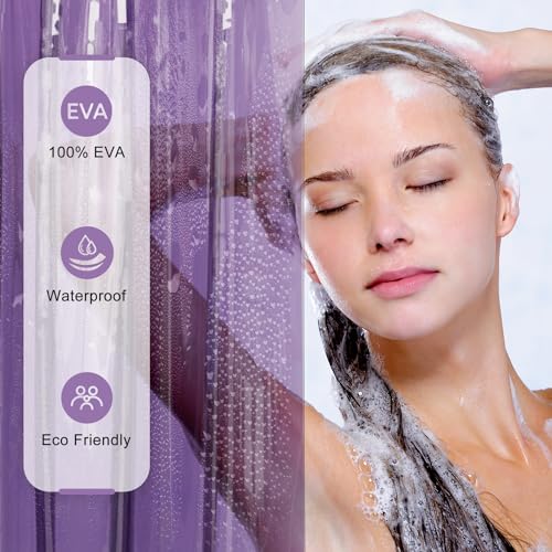 Image of AmazerBath Purple Shower Curtain Liner Luxury, EVA Soft Clear Heavy Duty Shower Curtain and Liner 2-in-1, 72x72 Plastic Weighted Bathroom Liner, 12 Rustproof Grommets & 3 Heavyweight Stones