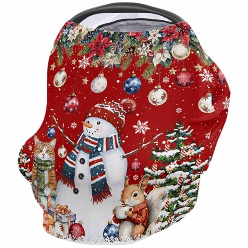 Nursing Cover for Breastfeeding Scarf, Xmas Tree Poinsettia Snowman Squirrel Cat Red Baby Car Covers Super Soft Multi Use for Canopy Shopping Cart Cover Blanket Stroller Cover