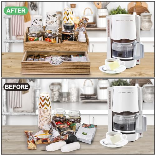 image for Lawei Coffee Station Organizer for Counter with Drawer, Wood Coffee Po