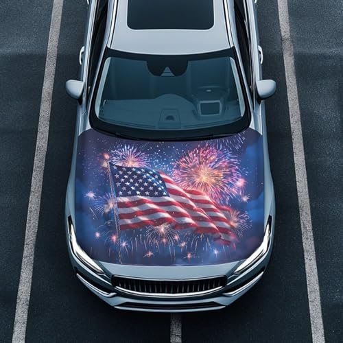 Image of American Flag Fireworks Car Hood Cover Protector 59x39 Inch Auto Hood Wrap Blankets Stretchable Waterproof Sun Proof Auto Patriotic Decorations for Sedans SUV Trucks