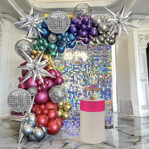 Image of Inflatable Disco Ball Balloons Pack of 14 - 22 inch Silver Mylar Foil Disco Party Balloons with Star Balloons, Ribbon & Pipe for New Year's Disco Ball Decorations Party, Bachelorette, Birthday Decor