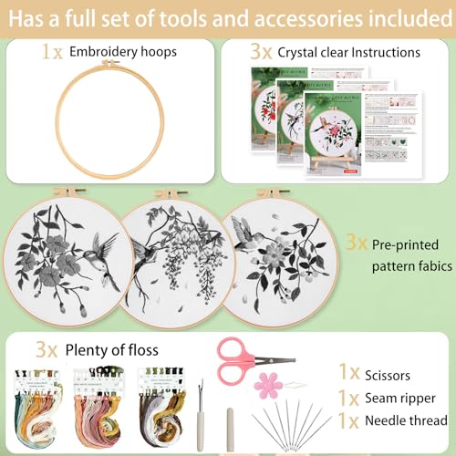 Image of Ohcol 3 Sets Hummingbird Embroidery Kit for Beginners Needlepoint Kits for Adults Cross Stitch Kits with Clear Instructions,Easy Funny Stamped Bird Patterns Fabric Hand Crafts