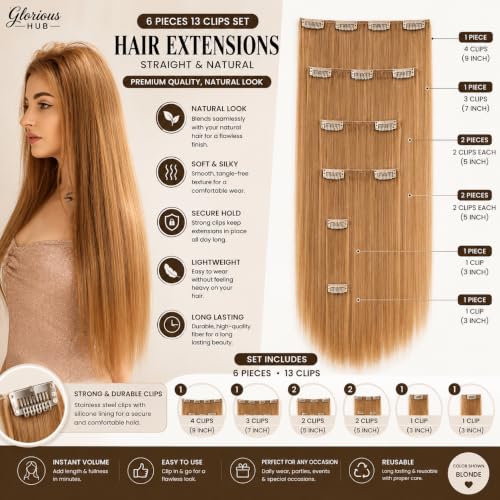 Image of Salon-Grade Clip-in Hair Extensions for Women, Imported Synthetic Hair, 6 PCS with 13 Secure Clips, Instant Volume, Natural Blend, Reusable Hair Volumizer (Golden Brown, Straight)