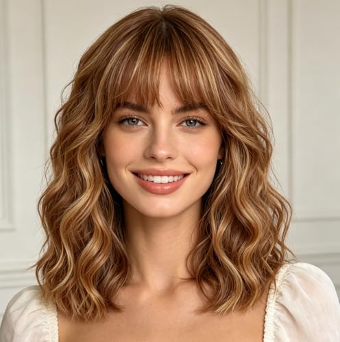 Perruque courte bouclée avec frange brun miel 35cm pour femme
