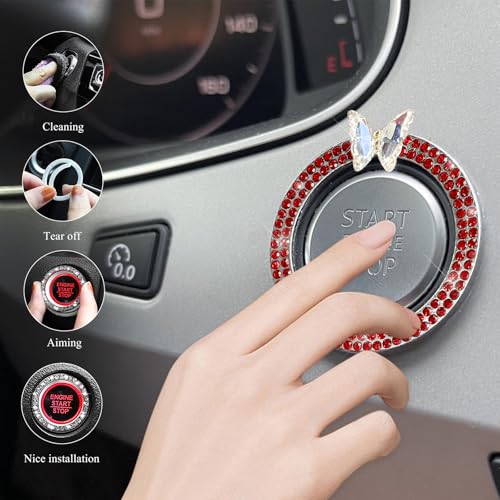 Image of DXNQ Bling Ring Emblem, Sparkling Butterfly Car Buttons and Knobs Ring, Girly Butterfly Diamond Car Engine Start Button Cover, Key Ignition Knob Rings Decoration for Women (Red, Double Row)
