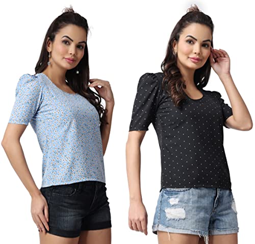Image of POPWINGS Casual Floral Printed Round-Neck Puff-Sleeves Tops Combo for Women